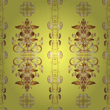 Damask arkaplanı. Bej, kahverengi ve sarı renklerde altın bir element. Altın çiçekli, pürüzsüz desen. Barok tarzında altın çiçekli süs..