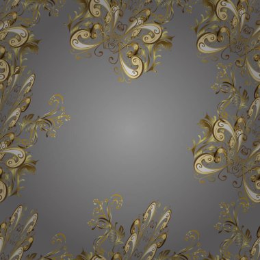 Antik altın tekrarlanabilir çizim. Damask arkaplanı tekerrür ediyor. Barok tarzında altın çiçek süsü. Kahverengi, gri ve bej renklerde altın element.