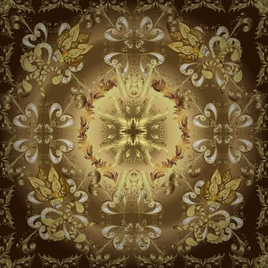 Kusursuz desenli altın elementler. Altın şablon. Klasik çiçek dokusu. Bej, nötr ve kahverengi renklerin kraliyet retro 'su. Kart, duvar kağıdı, ambalaj ve tekstil için klasik tasarım. Vektör illüstrasyonu.