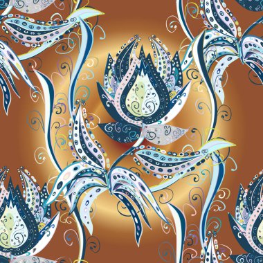 Şirin tekstil içinde Vektör Çiçek İllüstrasyonu. Tarafsız, mavi ve kahverengi renklerde etnik çiçeklerle kusursuz bir desen..