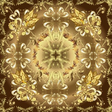 Doğu tarzı arabesk tarzında altın elementler. Bej, kahverengi ve nötr renklerde pürüzsüz desen. Kusursuz altın desenli bukleler. Vektör altın pürüzsüz desen.