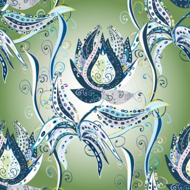 Millefleur 'lar. Tekstil, kumaş, kapak, eskizler, baskı, paket, koleksiyon defteri, yorgan dikmek için çiçeksiz arkaplan. Küçük yeşil, mavi ve nötr çiçekli oldukça eski bir besin torbası deseni..