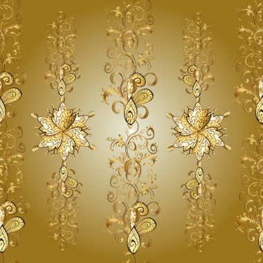 Sarı, nötr ve kahverengi renkler üzerine bir resim. Paisley el çizimi elementler. Fantezi çiçekli kusursuz desen, doğal çizim, çiçek desenli kıvrım çizimi. Vektör. Ev dekoru.