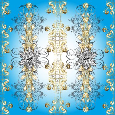 Sınır çerçeveli desenli halı. Tarafsız, mavi ve beyaz renkler üzerine bir resim. Kusursuz. Vektör çizimi. Klasik geleneksel çiçek motifi ve geometrik süslemesi olan renkli doğulu.