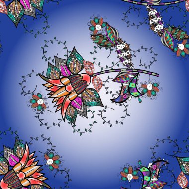 Sanat ilham verir, mavi ve nötr tarzda çiçekler ve arka plan bırakır. Vektör deseni. Siyah, mavi ve nötr el çizimi desen. Karalama çiçekleri kusursuz desen.