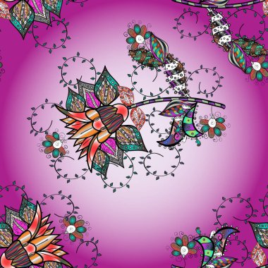 Vektör illüstrasyonunda kusursuz çiçek deseni. Mor, mor ve nötr renkteki çiçekler suluboya tarzında.