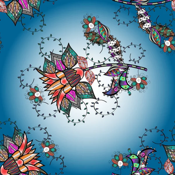 Vektör çizimi. Tarafsız, siyah ve mavi renkte çiçekler. El çizimi çiçekleri olan soyut, pürüzsüz desen.