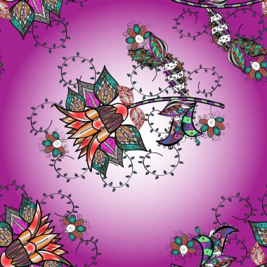 Çiçek desenleri mor, nötr ve mor renklerde, el yapımı papatyalar, papatyalar. Tekrarlayan çiçek arkaplanı, zarif mor, nötr ve menekşe çiçekleri çizimi.