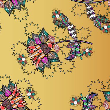 Sabıka fotoğraflarında, bebek kıyafetlerinde, çizimlerde, paket kutularında falan kullanılabilir. Vektör. Zarif, parlak ve pürüzsüz siyah, bej ve sarı çiçek desenli tasarım.