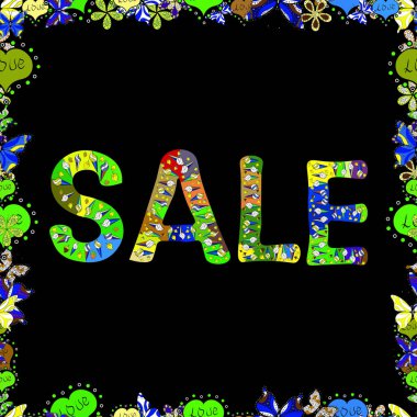 Pankart için el yapımı promosyon tasarımı. Siyah, mavi ve yeşil renkli bir resim. Kusursuz desen. Vektör. Satış, indirim, tasfiye, kapanış, moda, dükkan logot çizimi.