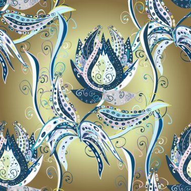 Varicoloblue, nötr ve bej vektör kusursuz çizim. Birçok mavi, nötr ve bej soyut çiçekli tropikal desenler. Küçük çiçekte sevimli çiçek deseni var..