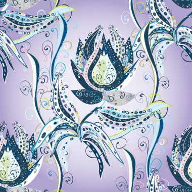 Yumuşak, bahar çiçekli arka plan. Mavi, gri ve nötr renklerde çiçekler. Çiçekli karalama şeklinde vektör deseni.