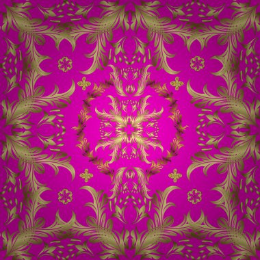 Vektör çizimi. Kusursuz soyut bir arkaplan. Oriental vektör klasik nötr, mor, sarı ve altın desenli.