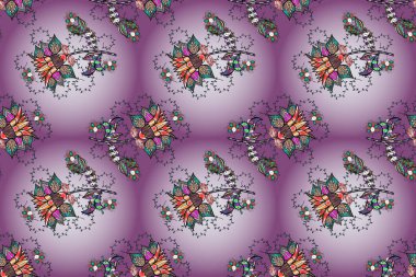 Siyah, nötr ve mor renklerde etnik çiçeklerle kusursuz bir desen. Raster Çiçek İllüstrasyonu güzel tekstil..