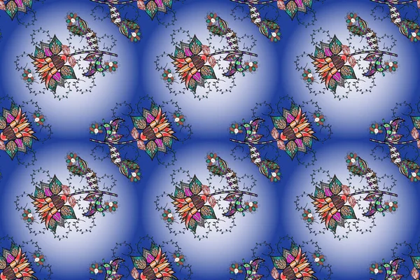 ドードルの花のシームレスなパターン アートのインスピレーション 青とニュートラルなスタイルの花や葉の背景 中性の手描きのパターン ラスターパターン — ストック写真
