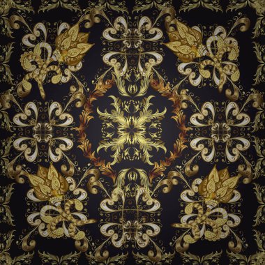 Altın antika ortaçağ dekoratifi, yaprakları ve altın desenli gri, sarı ve kahverengi renklere sahip vektörsüz desenler. Kusursuz kraliyet lüksü, altın barok kumaş rengi..