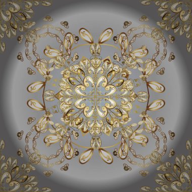 Vektör altın mehndi kusursuz desen. Bej, nötr ve gri renkte desen. Kına dövmeli süs çiçekleri, altın çıkartmalar, mehndi ve yoga tasarımı, kartlar ve parmak izleri..