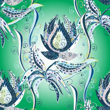 Düz Çiçek Elementleri Tasarımı. Vektör çizimi. Renkli Bahar Temalı Kusursuz Arkaplan. Çiçekli, suluboya desenli kusursuz çiçek deseni. Tarafsız, mavi ve yeşil renkte çiçekler.