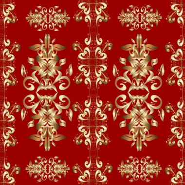 Damask altın soyut çiçek deseni kahverengi, bej ve kırmızı renklerde. Süslü dekorasyon. Vektör illüstrasyonu.