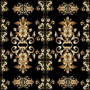 Geleneksel oryantasyon süsü. Kahverengi, siyah ve bej renklerde altın elementlerle kusursuz desen. Vektör çizimi. Klasik klasik klasik arka plan. Kusursuz klasik vektör altın deseni.