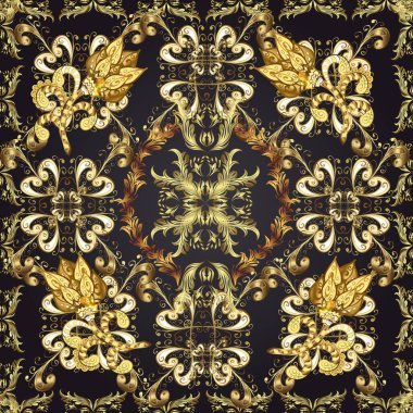 Kahverengi, sarı ve gri renklerde kusursuz desen. Kusursuz altın desenli bukleler. Vektör altın pürüzsüz desen. Doğu tarzında altın elementler arabesk.