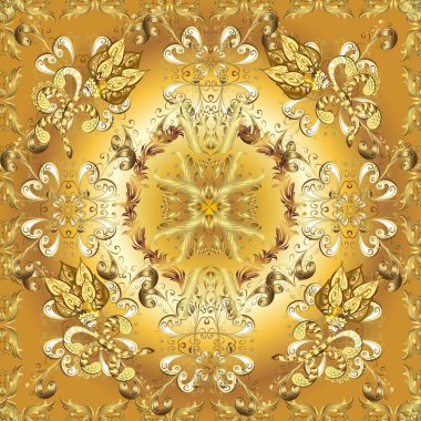 Kına dövmeli süs çiçekleri, altın çıkartmalar, mehndi ve yoga tasarımı, kartlar ve parmak izleri. Bej, sarı ve kahverengi renkli desen. Vektör altın mehndi kusursuz desen.