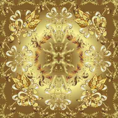 Vektör altın tekstil izi. İslam tasarımı. Kusursuz desenli oryantal süs. Çiçek kiremitleri. Tarafsız, kahverengi ve sarı renklerde altın desenli altın elementler.