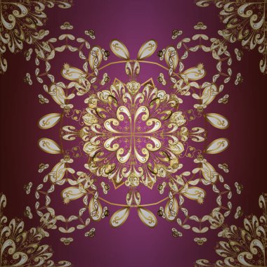 Sembol bayramı, yeni yıl kutlaması vektör altın desen. Kış kar dokusu duvar kağıdı. Noel altın kar tanesi kusursuz desen. Bej, kahverengi ve mor renkte altın kar taneleri.