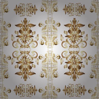 Geleneksel vektör yön süsü. Kusursuz klasik altın desen. Altın desenli beyaz, kahverengi ve bej renklerde altın elementler.