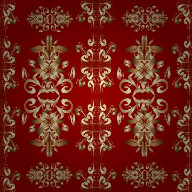 Vektör geometrik arkaplan. Altın rengi, kusursuz çizim. Tasarımın için, skeç. Altın desenli bej, kahverengi ve kırmızı renklerde altın çiçekli elementler.