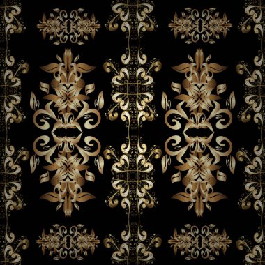 Altın elementli bej, siyah ve kahverengi renkler. Vektör altın çiçek süsü brokar kumaş ve cam desenli. Çiçek desenli altın metal. Kusursuz altın desen.