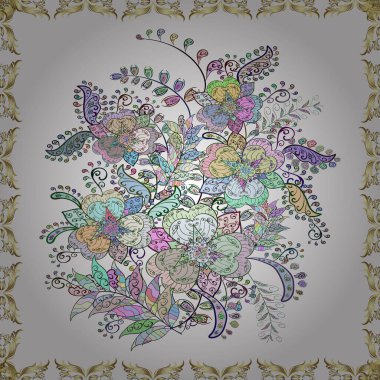 Renkli grunge soyut arka planda beyaz ve yeşil çiçeklerle zenginleşir. İşlemeli çiçekli, dikişsiz desen. İzler, kumaş, eskizler, tekstil için vektör dokusu.