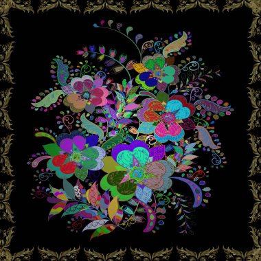 Renkli Bahar Temalı Kusursuz Arkaplan. Vektör illüstrasyonunda kusursuz çiçek deseni. Süslü kumaş deseni. Düz Çiçek Elementleri Tasarımı.