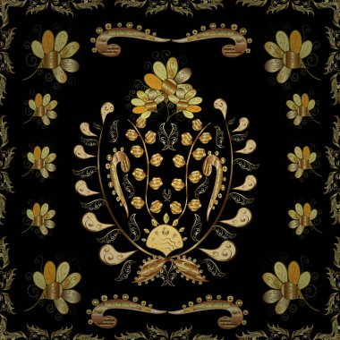 Kahverengi, sarı ve siyah renkli ve altın elementli geleneksel klasik altın vektör deseni. Barok tarzında kusursuz bir doğulu süsü..