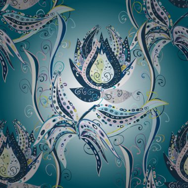 Vektör çizimi. Çiçeklerle suluboya desenli çiçek deseni. Tarafsız, gri ve mavi renklerde Asyalı tekstil.