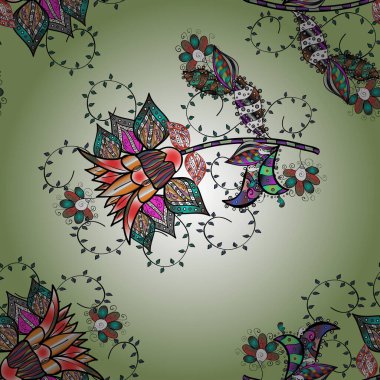 Kusursuz bir geçmişi var. Renkli şal desenli, siyah, nötr ve bej renkli çiçekler ve dekoratif elementlerle kusursuz desen. Vektör çizimi. Eski usul. Kumaş, tekstil ve çizim için.