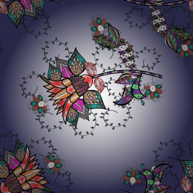 Yumuşak, yaz çiçekleri mor, gri ve nötr renklerde. Küçük çiçekteki sevimli çiçek deseni. Vektör deseni. Vektör illüstrasyonu.