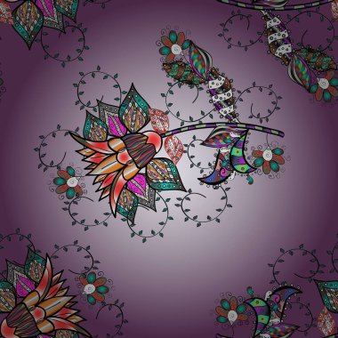 Siyah, nötr ve mor renklerde Asya tekstili. Vektör çizimi. Çiçeklerle suluboya desenleri.