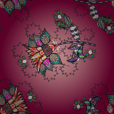 Düz Çiçek Elementleri Tasarımı. Renkli Bahar Temalı Kusursuz Arkaplan. Güzel kumaş deseni. Vektör illüstrasyonunda kusursuz çiçek deseni.