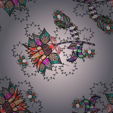 Vektör illüstrasyonunda kusursuz çiçek deseni. Renkli Yaz Temalı Kusursuz Arkaplan. Düz Çiçek Elementleri Tasarımı. Siyah, gri ve nötr renkte çiçekler.