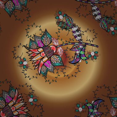 Kusursuz çiçek deseni. Vektör çizimi. Asya tekstil tarzında. Vektör çizimi. Çiçekler bej, siyah ve kahverengi renkte.