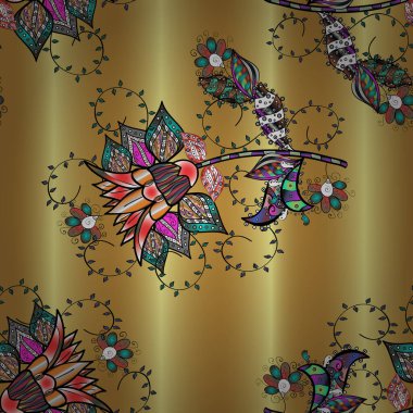 Düz Çiçek Elementleri Tasarım Vektörü illüstrasyonu. Tarafsız, siyah ve sarı renkte çiçekler. Renkli Bahar Temalı, pürüzsüz bir arka plan. Çiçekli, suluboya desenli kusursuz çiçek deseni.