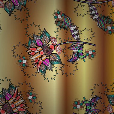 Renkli Bahar Temalı Kusursuz Arkaplan. Kahverengi, bej ve nötr renklerde çiçekler. Şirin çiçek vektör deseni. Düz Çiçek Elementleri Tasarımı.