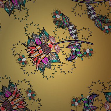 Renkli Bahar Temalı Kusursuz Arkaplan. Düz Çiçek Elementleri Tasarımı. Siyah, bej ve sarı renkli çiçekler. Vektör illüstrasyonunda kusursuz çiçek deseni.