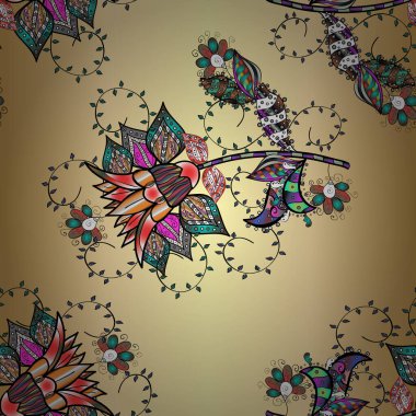 Vektör - stok. Siyah, sarı ve bej çiçekli kusursuz desen, suluboya çiçek deseni, sevimli çiçek, çizim, kart veya kumaş için fayanslı.