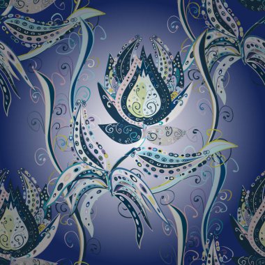 Vektör illüstrasyonunda kusursuz çiçek deseni. Tarafsız, mavi ve gri renkte çiçekler.