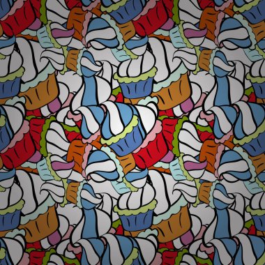 Mavi, beyaz ve siyah üzerine desen. Vektör çizimi. Varyetesiz Muffins, Haşhaş tohumu, Çikolata Cipsi, Kabak Kreması, Çikolata ve Lezzetli Kahvaltı veya Tatlı Kek.