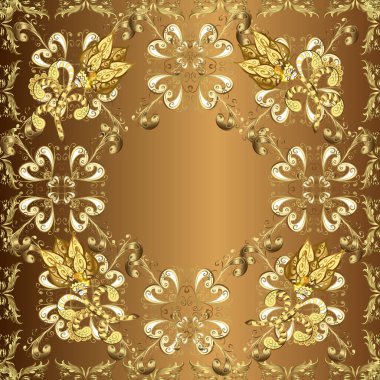 Sarı, kahverengi ve bej renkler altın elemanları ile Dikişsiz vintage desen. Noel, kar tanesi, yeni yıl 2019.