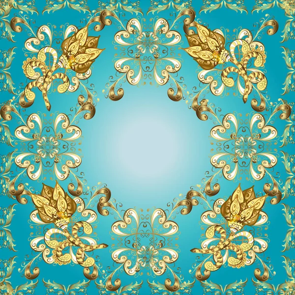 Бесшовный Узор Желтых Нейтральных Синих Цветах Золотыми Элементами Традиционный Восточный — стоковый вектор