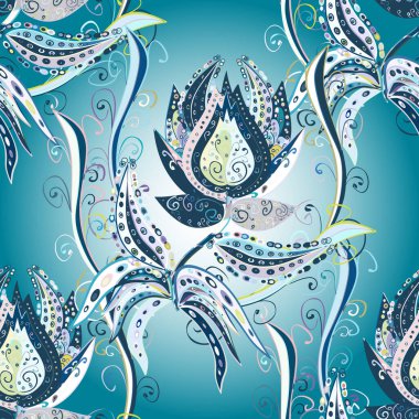 Vektörsüz çiçek deseni. Vadinin çiçekleri gri, nötr ve mavi renklerde.